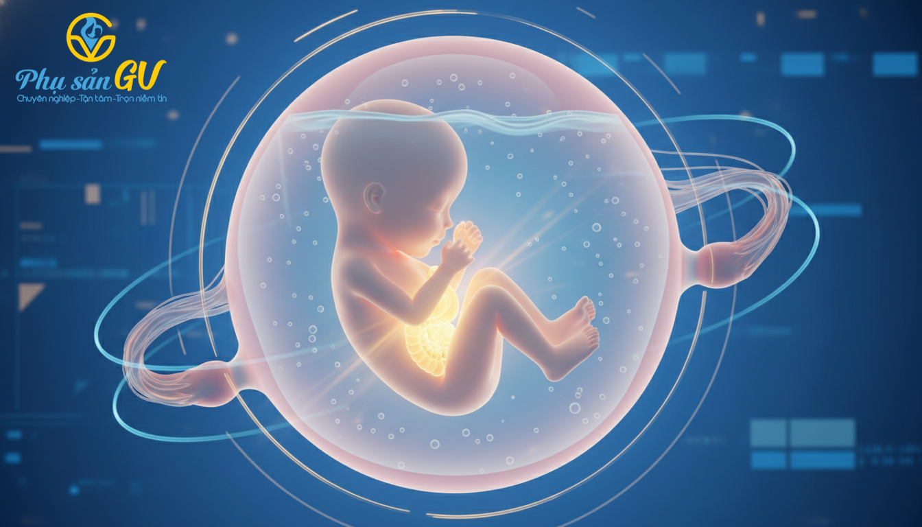 Minh họa 3D thai nhi trong bụng mẹ, mô phỏng quá trình siêu âm hình thái học