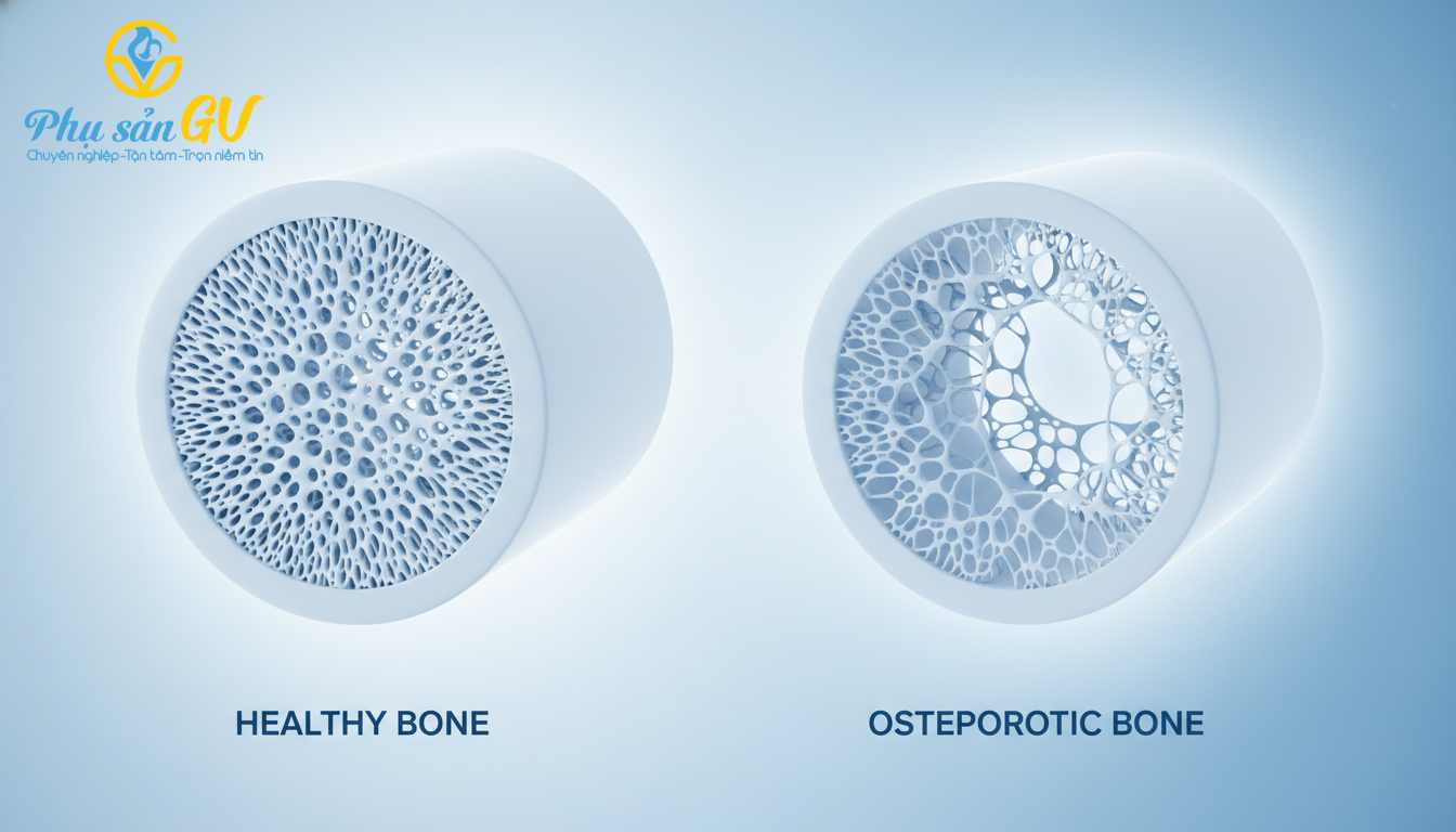 Minh họa 3D so sánh mật độ xương khỏe mạnh và xương bị loãng xương do thiếu hụt estrogen