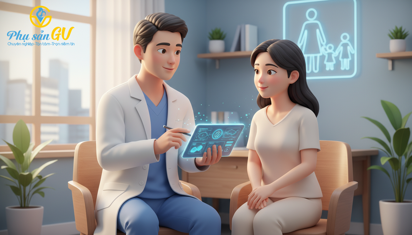  Bác sĩ chuyên khoa hiếm muộn đang ân cần giải thích kết quả xét nghiệm cho bệnh nhân nữ tại phòng khám