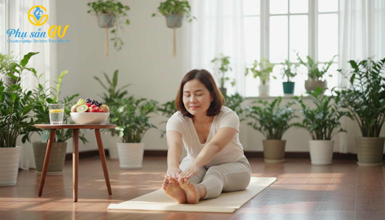 Phụ nữ trung niên Việt Nam tập yoga và duy trì lối sống lành mạnh để giảm triệu chứng mãn kinh