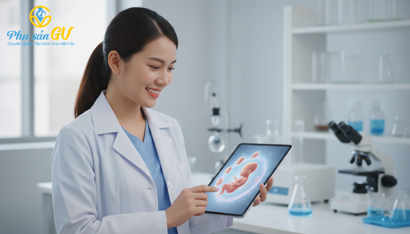 Bác sĩ chuyên khoa phôi học đang xem hình ảnh minh họa 3D của phôi thai khỏe mạnh