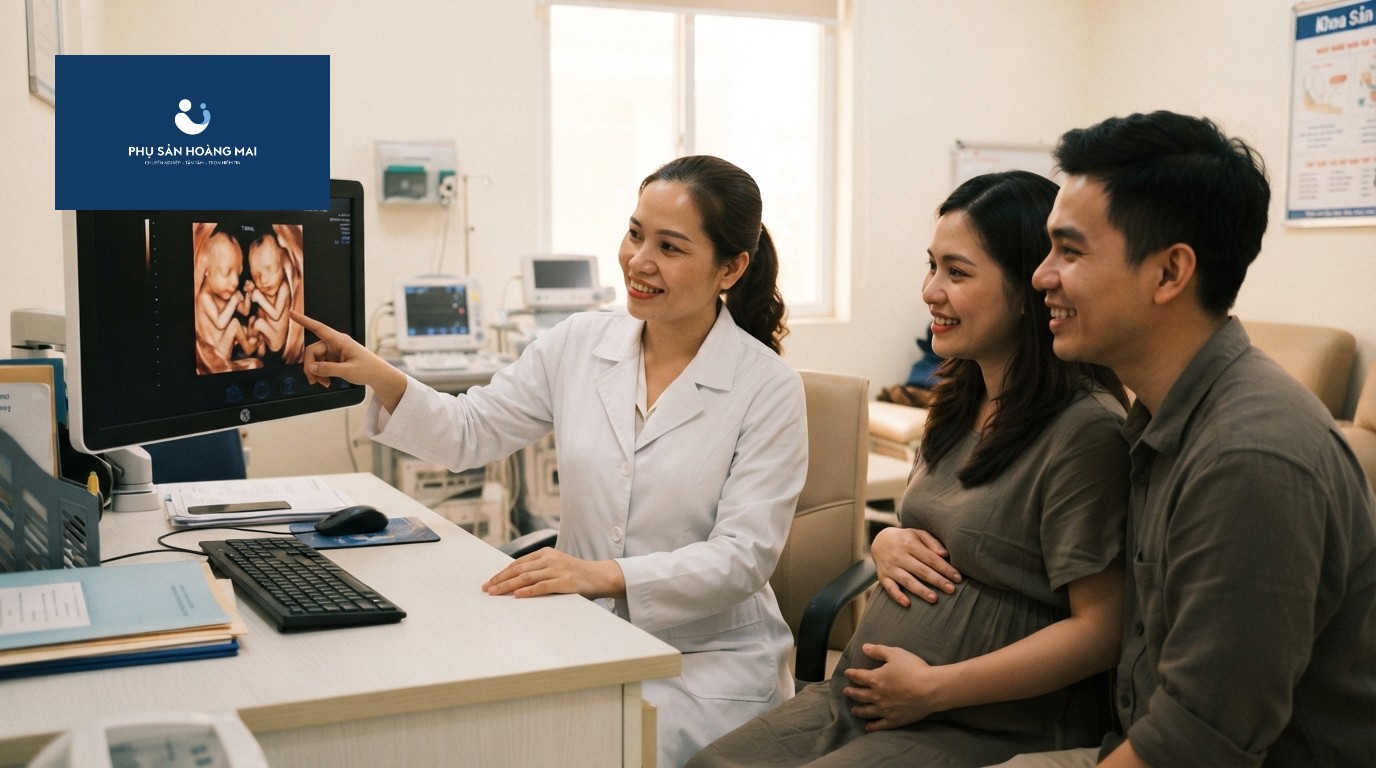 Bác sĩ chuyên khoa phụ sản giải thích kết quả siêu âm thai đôi