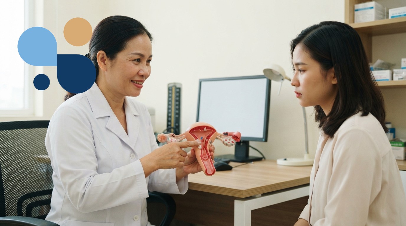 Bác sĩ chuyên khoa Sản Phụ Khoa tại Phòng Khám Hoàng Mai Clinic đang tư vấn phác đồ điều trị