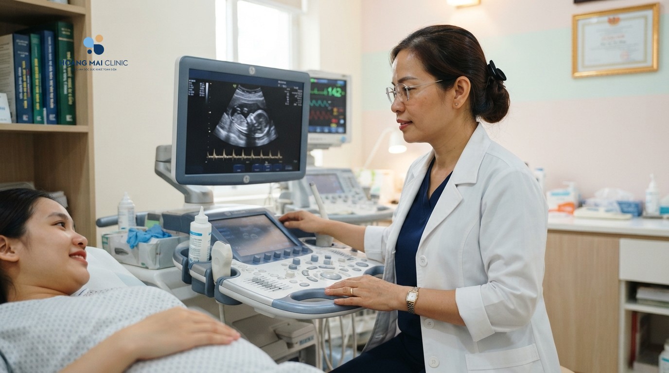 Bác sĩ siêu âm kiểm tra tình trạng vết mổ cũ và vị trí làm tổ của thai nhi