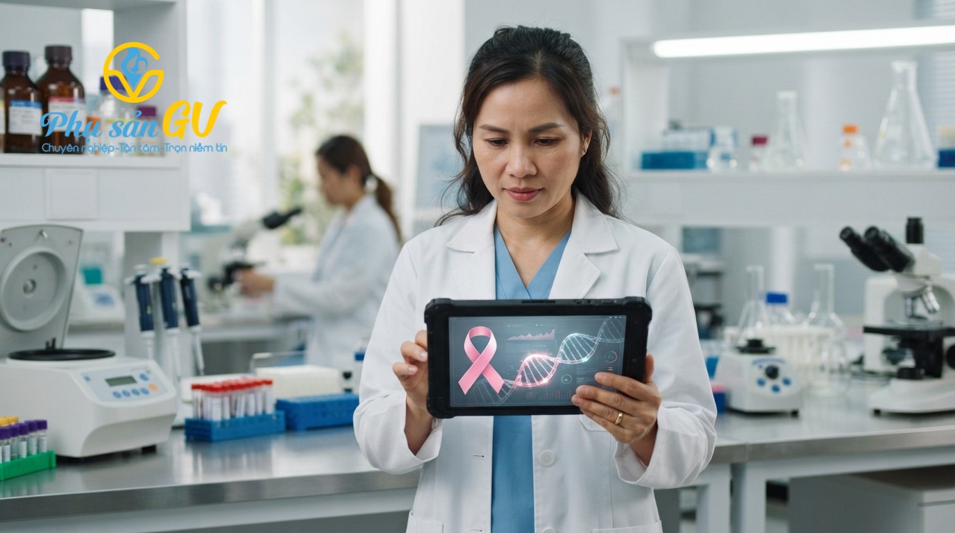 Bác sĩ đang xem xét kết quả tầm soát di truyền và ung thư phụ khoa trên máy tính bảng