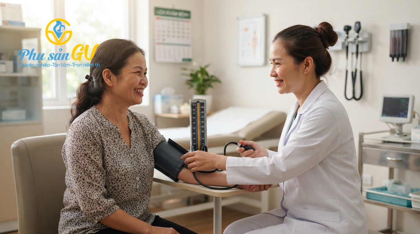 Bệnh nhân nữ 40 tuổi đang được bác sĩ kiểm tra huyết áp để tầm soát bệnh tim mạch