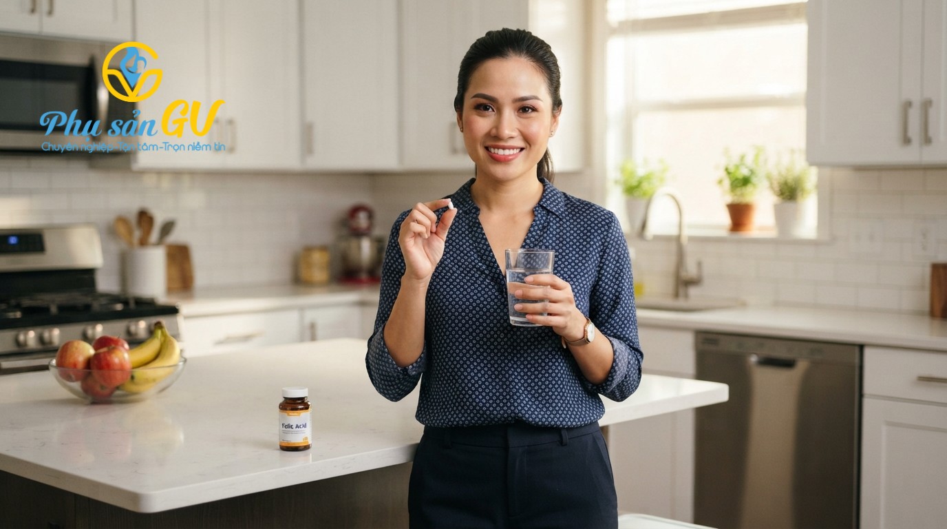 Phụ nữ văn phòng từ 25 - 35 tuổi uống viên bổ sung axit folic chuẩn bị cho một thai kì khỏe mạnh.