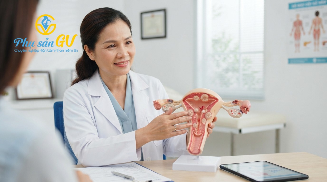 Hình ảnh minh họa y khoa về lạc nội mạc cơ tử cung, nhiều u xơ và polyp tử cung.