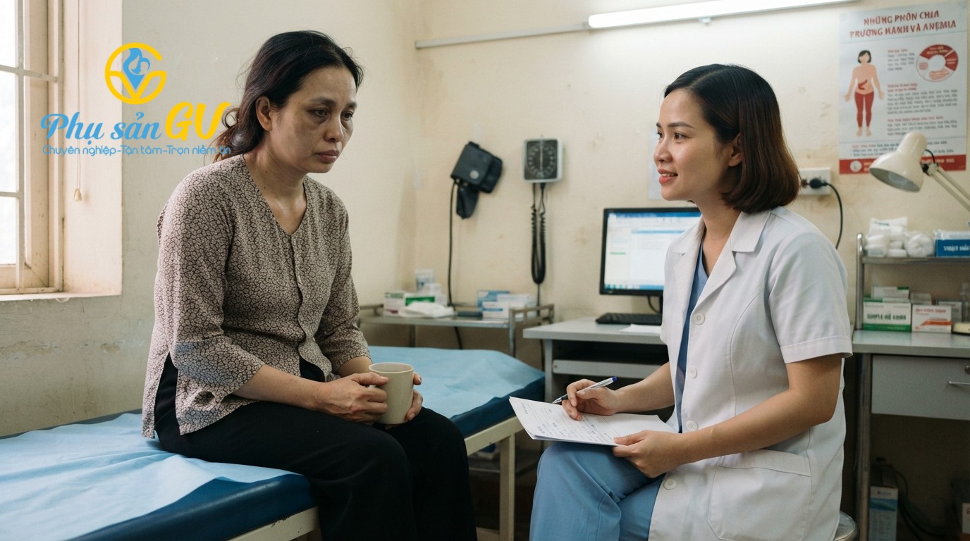 Người phụ nữ tuổi trung niên mệt mỏi, xanh xao do thiếu máu vì bệnh phụ khoa kéo dài.