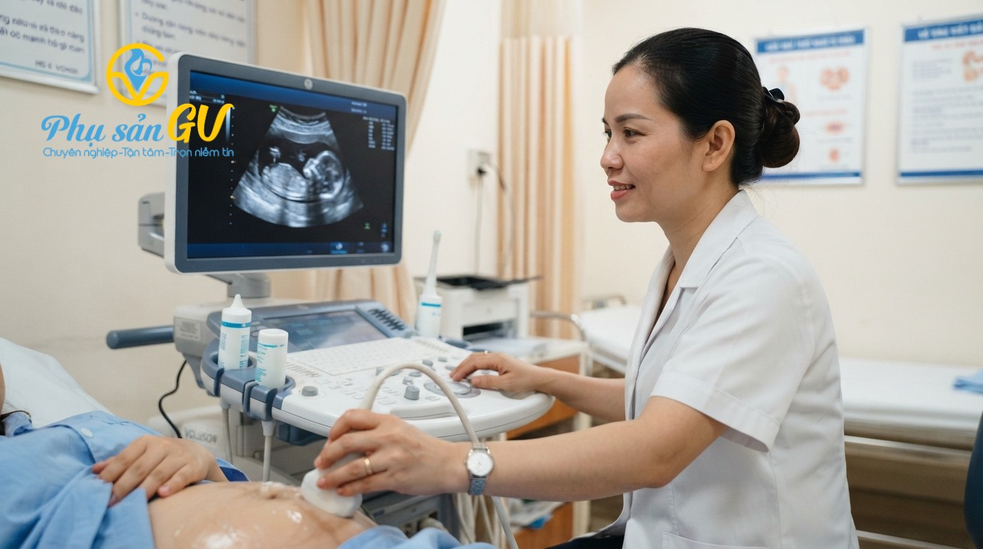  Bác sĩ thực hiện siêu âm thai tầm soát dị tật hình thái cho mẹ bầu