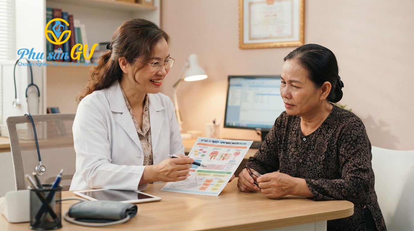 Bác sĩ tại Phòng khám phụ sản Hoàng Mai đang tư vấn cho bệnh nhân về tình trạng u xơ tử cung